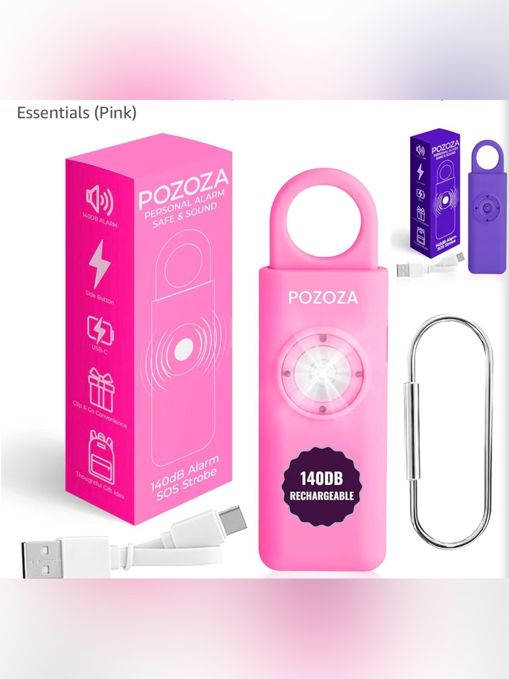 140dB USB-C Rechargeable Safety Alarm Keychain Pink